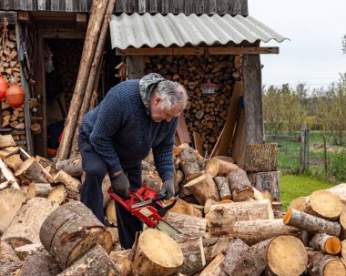 Bir adam testereyle çalışıyor, kış mevsimi için yakacak odun işliyor, kırsal kesimde odun ısıtıyor.