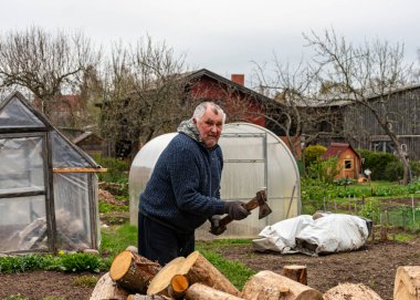 Bahçesinde baltayla çalışan bir adam kış mevsimi için yakacak odun, yakacak odun ve yakacak odun işliyor.