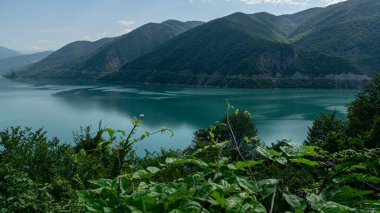Küçük bir dağı ve parlak yeşil gölü olan güzel bir manzara, yaz.