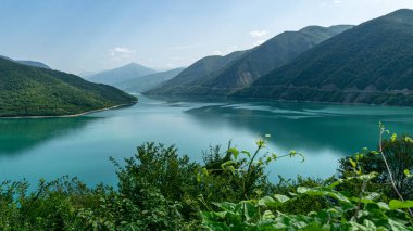 Küçük bir dağı ve parlak yeşil gölü olan güzel bir manzara, yaz.