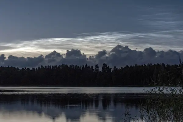 stock image charming night landscape with silver clouds, silver clouds over the lake, dark forest silhouette in the background, mesospheric clouds, Latvia, Lake Vaidava