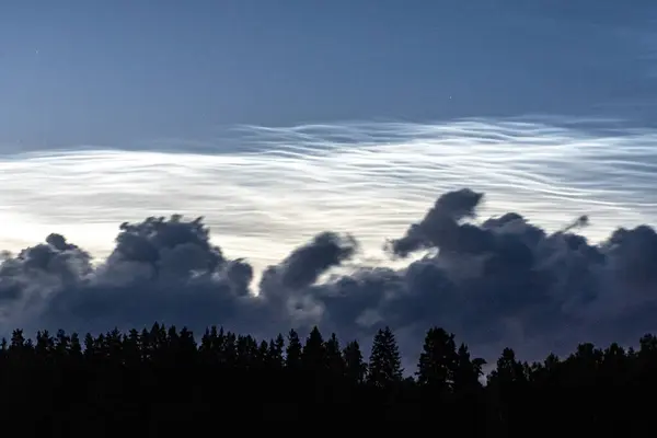 stock image charming night landscape with silver clouds, silver clouds over the lake, dark forest silhouette in the background, mesospheric clouds, Latvia, Lake Vaidava