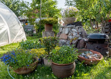 Yazın bahçeli manzara, dekoratif nesneler, bahçe ışıkları, yazın küçük bahçe, yazın doğa.