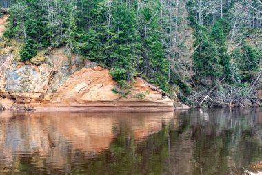 Nehir kıyısında kumtaşı kayalıkları, kumlu nehir kıyısı, geçen yılın çimenleri, yeşilliksiz doğa, ilkbahar başlarında Erglu kayalıkları, Cesu ilçesi, Letonya