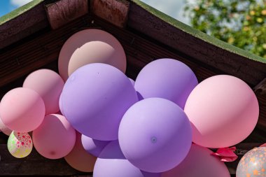 Rüzgarda sallanan renkli balonlar, çocuk partisi, tatil süslemeleri, parti
