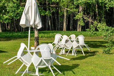 Bir huş ağacında dinlenme yeri, doğada dinlenme, beyaz plastik banklar ve masalar, yaz zamanı