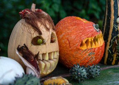 Alışılmadık orjinal Cadılar Bayramı kompozisyonu, korkutucu Jack O Lantern Cadılar Bayramı balkabakları, farklı yüzlerle oyulmuş balkabakları farklı Cadılar Bayramı süslemeleriyle çevrili.