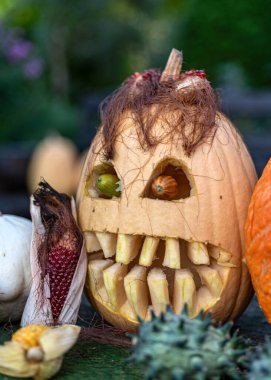 Alışılmadık orjinal Cadılar Bayramı kompozisyonu, korkutucu Jack O Lantern Cadılar Bayramı balkabakları, farklı yüzlerle oyulmuş balkabakları farklı Cadılar Bayramı süslemeleriyle çevrili.