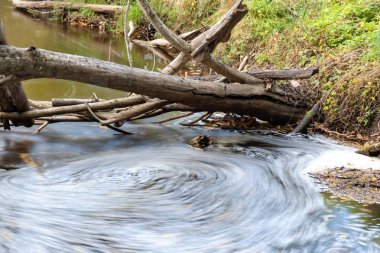 Su akıntısı bulanık bir çember oluşturur, arka plan olarak güzel doğal ortam, bulanık su akıntısı, Vizla nehri, Letonya