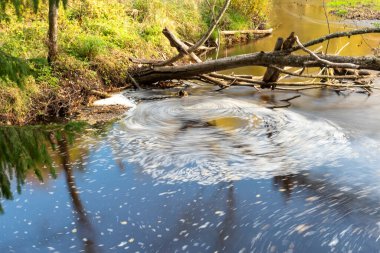 Su akıntısı bulanık bir çember oluşturur, arka plan olarak güzel doğal ortam, bulanık su akıntısı, Vizla nehri, Letonya