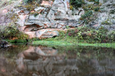 sandstone outcrops on the bank of Brasla river, colorful trees in autumn, bright colors, Latvia, autumn clipart