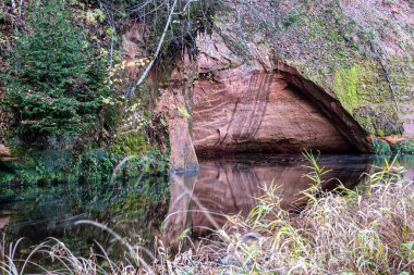 sandstone outcrops on the bank of Brasla river, colorful trees in autumn, bright colors, Latvia, autumn clipart