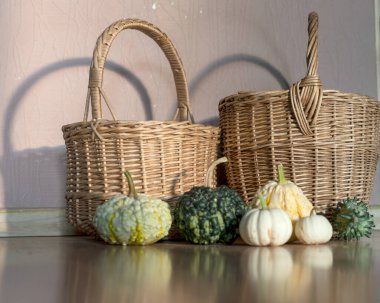 Güzel hasır sepetler, çeşitli bahçe ürünleri, balkabakları, ev ürünleri, iç ürünler, sonbahar hasat zamanı.