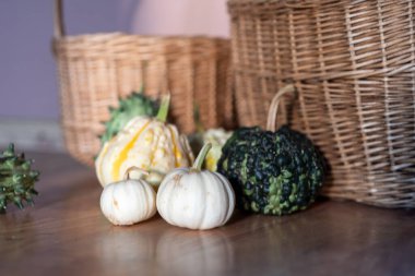 Güzel hasır sepetler, çeşitli bahçe ürünleri, balkabakları, ev ürünleri, iç ürünler, sonbahar hasat zamanı.