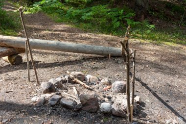 Ormanda kamp ateşi olan manzara, doğa rahatlama konsepti, yaz mevsimi