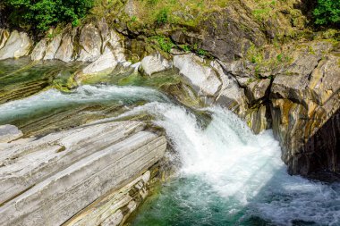 Muhteşem dağ manzarası, görkemli uçurumlar, dağ nehri şelalesi, çayır bitkisi, İsviçre Alpleri, Yaz