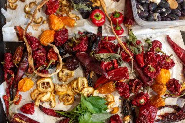 Değişik şekil ve renklerde renkli biberler, bulanık arka plan, baharatlı gıda katkı maddeleri, bahçıvan konsepti, sonbahar