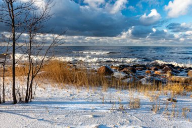 Kış manzarası deniz, arka plan, rüzgarlı kış günü, kara kümülüs bulutları, Baltık Denizi, Letonya, kış