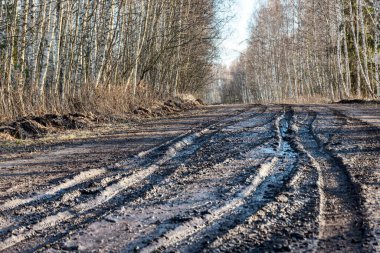 Çamurlu, ıslak bir yolu olan manzara, çamur dokusu, kar kalıntıları, kış yolu