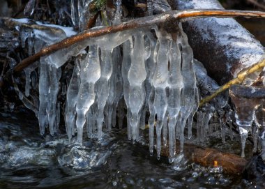 Vahşi bir nehirde buz oluşumları, su, akış ve don etkileşiminden oluşan güzel donmuş buz oluşumları, Raunis, Letonya, bahar