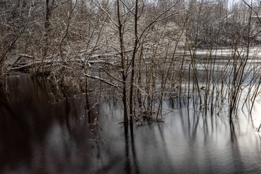 Hızlı nehir akışı, bulanık su yüzeyi, bulanık hareket, hızlı nehir akıntısı, Letonya, Staicele yakınlarındaki Salaca nehri, kış