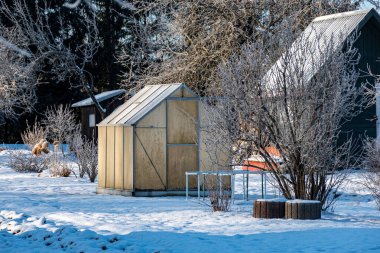 harika bir kış günü, ağaçlar ve çimenler buzla kaplı, bahçedeki sera, kış