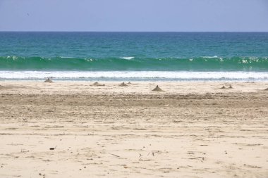 Arkasında deniz olan Salalah Oman yakınlarındaki bir sahilde yengeçler tarafından yapılmış kum tepeleri.