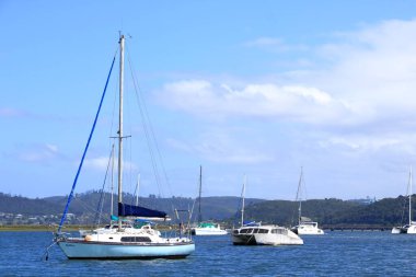 Knysna Gölü 'ndeki tekneler Knysna Tepeleri' ne, Güney Afrika 'daki Bahçe Yolu' na bakıyor.