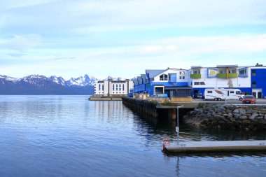 May 30 2022 - Sortland, Vesteralen in Norway: Colourful houses in the town in summer