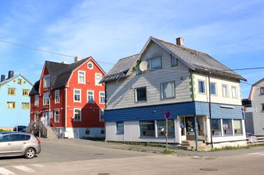 May 30 2022 - Sortland, Vesteralen in Norway: Colourful houses in the town in summer
