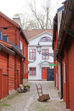 June 01 2022 - Orebro in Sweden: Beautiful old timber houses in Wadkoping historical quarter