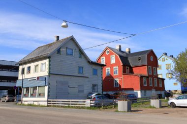 May 30 2022 - Sortland, Vesteralen in Norway: Colourful houses in the town in summer