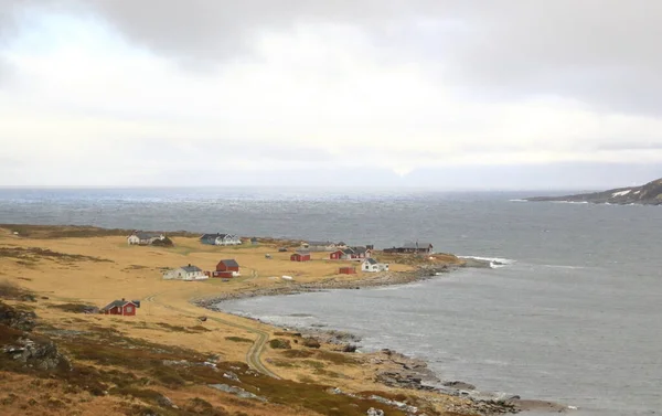 挪威北部夏季景观在北极圈后面 有绿色的山丘 湖泊和挪威芬马克北角附近的房屋 — 图库照片