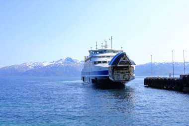 May 30 2022 - Lodingen, Lofoten, Norway: Norway sea ferry near Lodingen in Nordland, Passenger ship