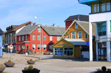 May 30 2022 - Sortland, Vesteralen in Norway: Colourful houses in the town in summer