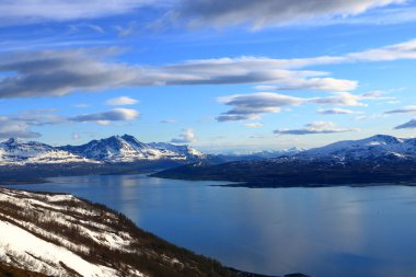 Aerial view of white snow covered landscape around Tromso Norway in the summer clipart