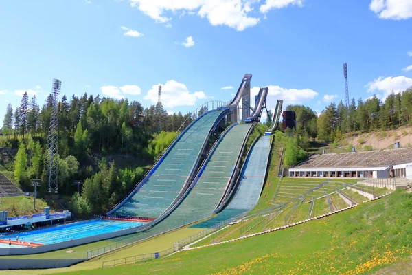 Widok Lotu Ptaka Ośrodek Sportowy Trzema Wieżami Skokowymi Lecie Lahti — Zdjęcie stockowe