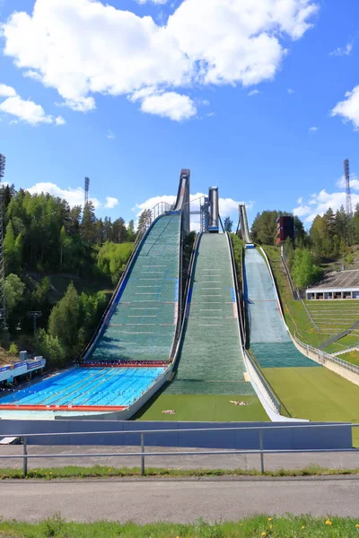 Widok Lotu Ptaka Ośrodek Sportowy Trzema Wieżami Skokowymi Lecie Lahti — Zdjęcie stockowe