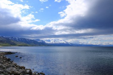 Norveç 'in Bjerkvik kentinden bir Kuzey yaz günü Ofotfjord ve Narvik' e doğru görüntüler