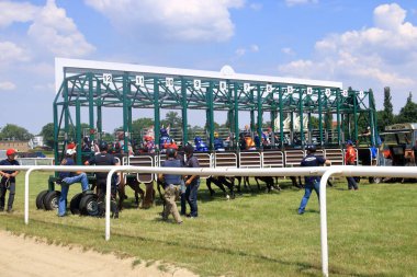16 Haziran 2018 - Dresden Seidnitz, Almanya 'da Galopprennbahn: At yarışına hazırlık