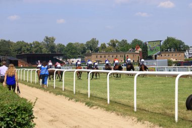 16 Haziran 2018 - Dresden Seidnitz, Almanya 'da Galopprennbahn: At yarışına hazırlık
