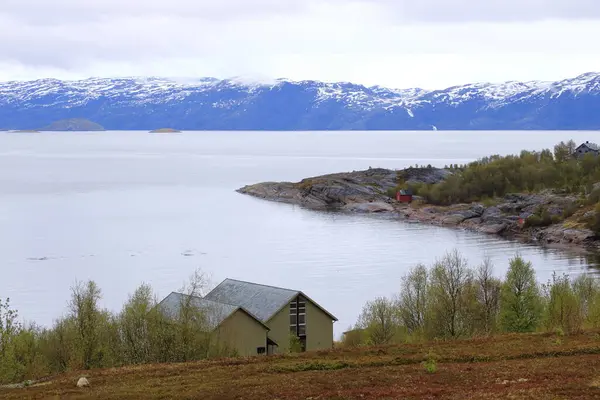 夏の海を背景に美しい山々とノルウェーのアルタ島の海岸沿いの美しい風景 — ストック写真