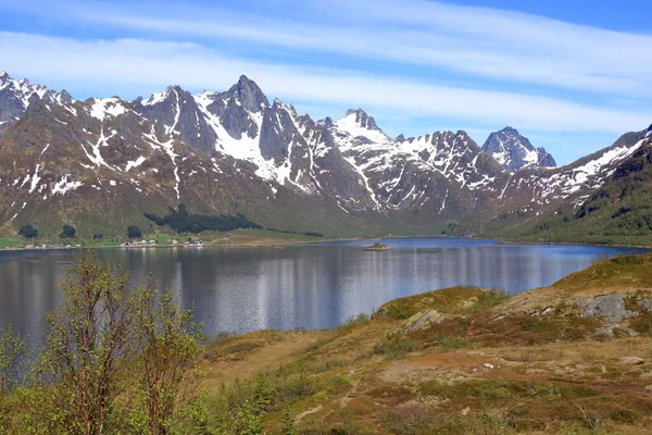 Fjordlandskapet Från Austnesfjordens Rastplats Sildpollen Bay Lofoten Öarna Austvagoya Norge — Stockfoto
