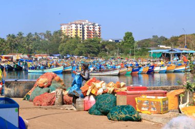 29 Aralık 2022 - Kannur, Kerala, Hindistan: Sabahları balık tuttuktan sonra renkli balıkçı tekneleriyle balıkçılık limanı