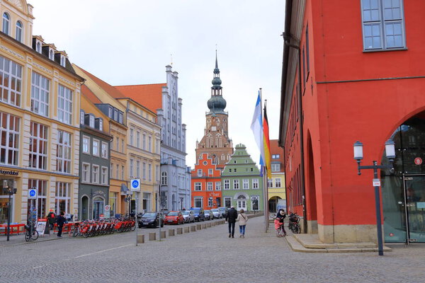 January 28 2023 - Greifswald in Germany: Cityscape of the historic Hanseatic city