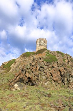 Fransa 'da Korsika' da Ajaccio yakınlarındaki bir pelerinin ucuna inşa edilmiş La Parata Ceneviz Kulesi 'nin kalıntılarının hava görüntüsü.