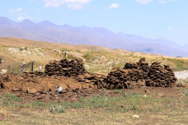 Kırgızistan, Orta Asya 'da bir at çiftliğinde ısıtma yakıtı olarak büyük bir gübre yığını.