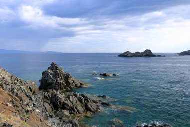 Illes Sanguinaires, Ceneviz Kulesi ve Pointe de la Parata 'ya bakın. Fransa' da Ajaccio, Korsika yakınlarında.