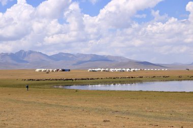 Songkol Gölü yakınlarındaki Vast Kırgız bozkırında. Kırgızistan 'da uzak arkaplanda dağlar