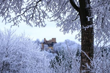 Frauenstein Şatosu, kışın Erzgebirge, Saksonya, Almanya